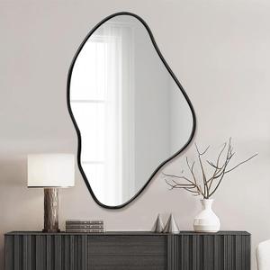 ULIKE Black Irregular Wall Mirror, 24x36 Inch Abstract Wall Decor with Wood Frame, Asymmetrical Vanity Mirror for Bathroom Bedroom Living Room Entryway