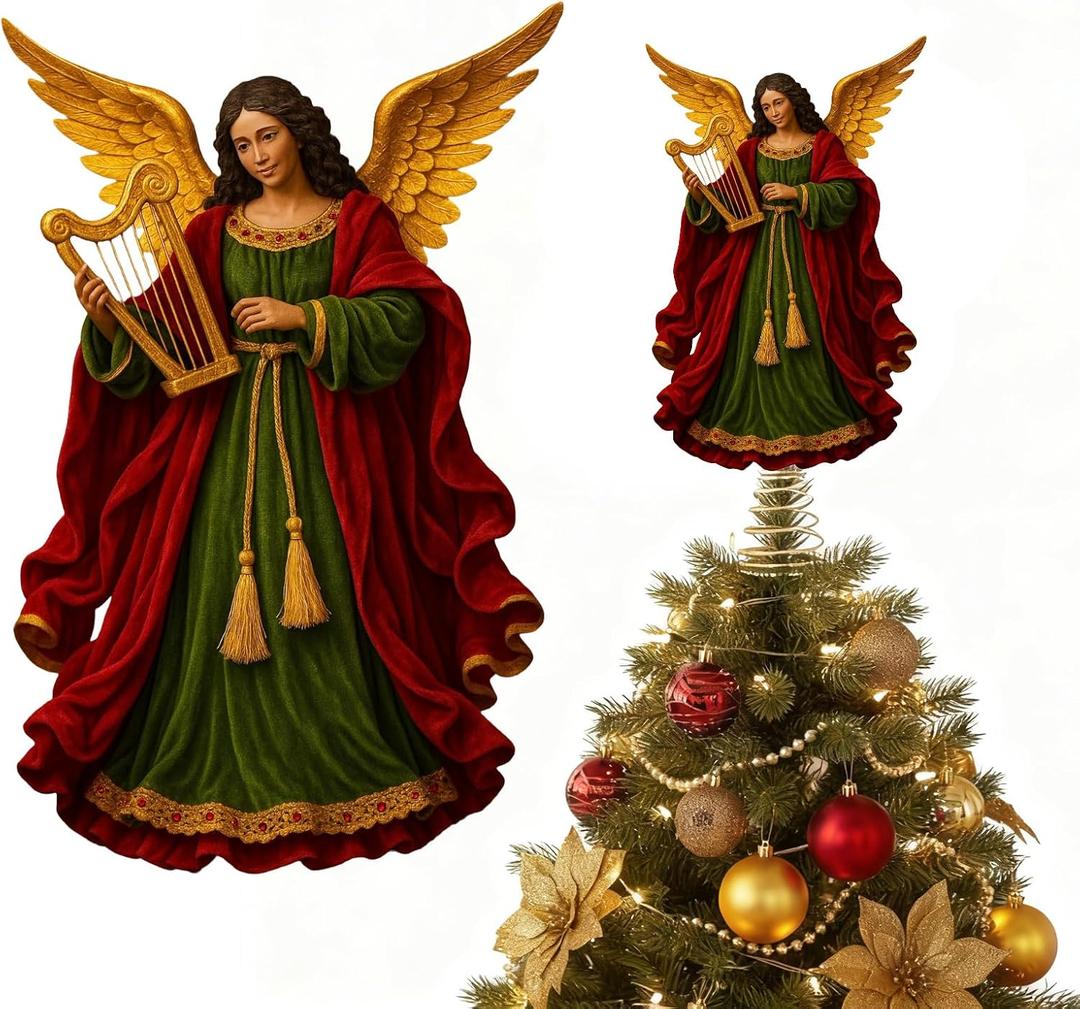 10 Inch Black Angel Christmas Tree Topper Burgundy Vintage Wooden Angel Tree Topper Double-Sided Printing Christmas Decorations for Xmas Party Holiday Decor