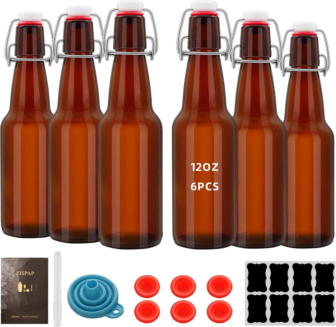 Amber Beer Bottles with Flip Caps, 12oz Glass Bottle with Swinging Top for Airtight Lids, Home Brewing and Fermentation Kombucha, Vanilla Extract, Beverage, Water, Kefir (6)