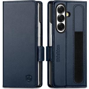 SHIELDON Wallet Case for Galaxy Z Fold7 8.0" 2025, Genuine Leather Folio Z Fold7 Case, Stand Function, RFID Blocking Card Slot Shock-Absorbent Compatible with Galaxy Z Fold 7 - Navy Blue