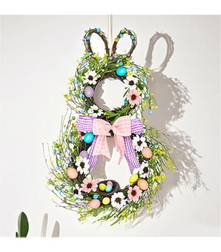 25 Inch Easter Bunny Shaped Artificial Flower Wreath with Colorful Berries Daisies Greenery Bow Knot for Front Door Easter Summer Farmhouse Wall Home Window Decor