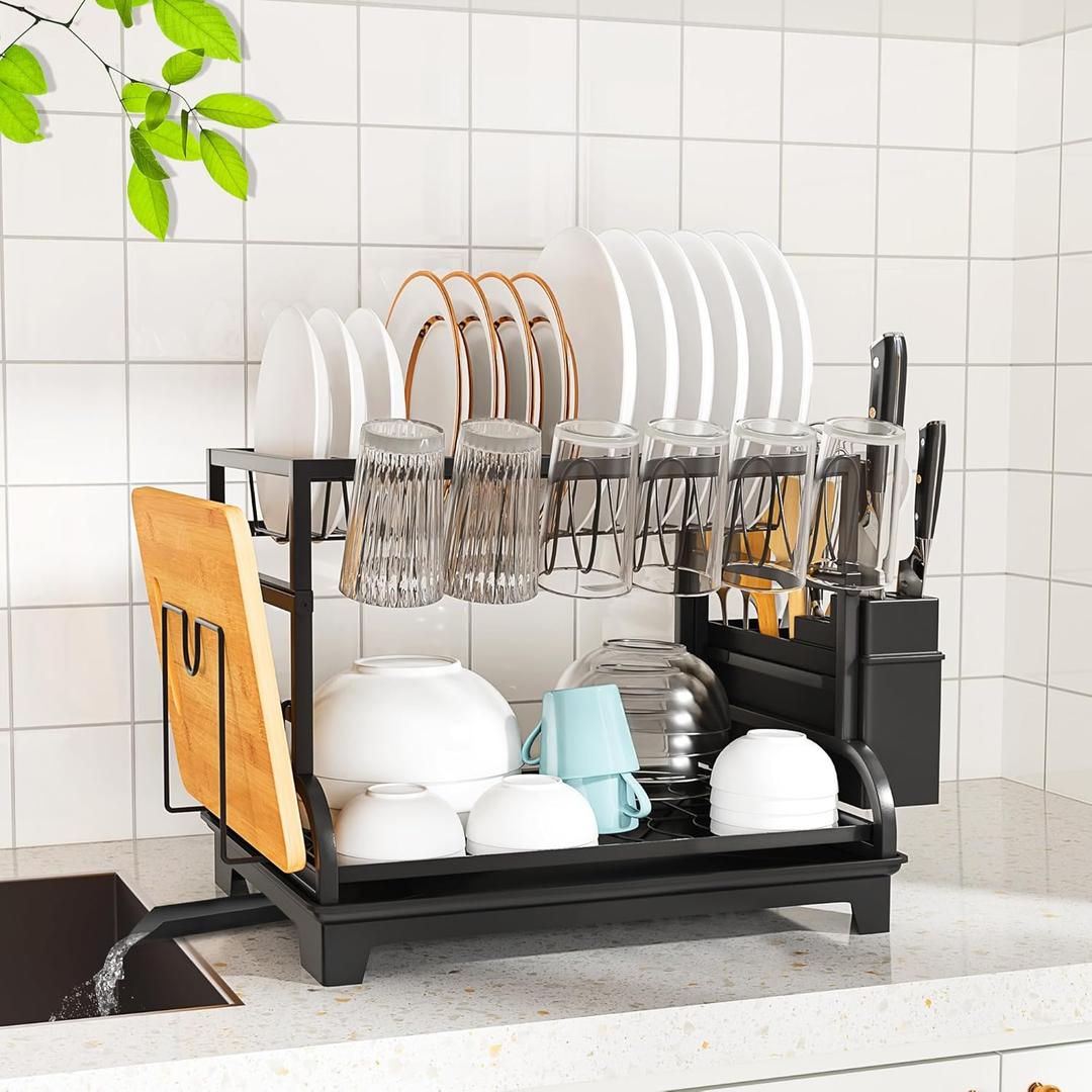 2-Tier Foldable Dish Drying Rack with Drainboard, Stainless Steel Large Capacity Kitchen Counter Organizer with Cup Holder, Utensil & Cutting Board Storage, No Assembly Required, Black