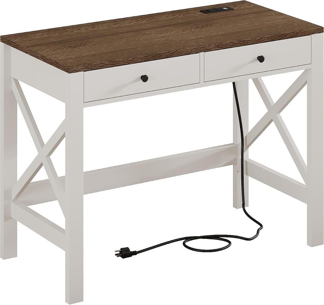 ChooChoo Computer Desk with USB Charging Ports and Power Outlets, Modern Simple 40 Inches Desk with Drawers, Makeup Vanity Console Table, Soft White