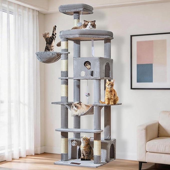 Taoqimiao 79 Inches XXL Cat Tree for Large Cats, for Oversized Cats, Multi-Level Cat Tower, 2 Spacious Cat Condo with 6 Scratching Posts, Hammcock & Cozy Basket, Cat Toys, Light Gray, S10W
