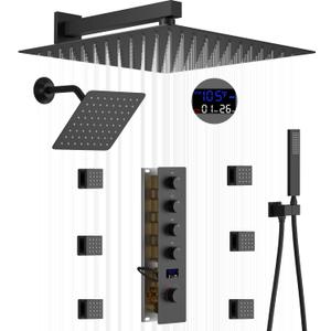12 & 8 Inch Dual Heads Shower System Full Body Shower System with Handheld Sprayer, Body Jets Shower Faucet Set with Digital Display Valve,Matte Black