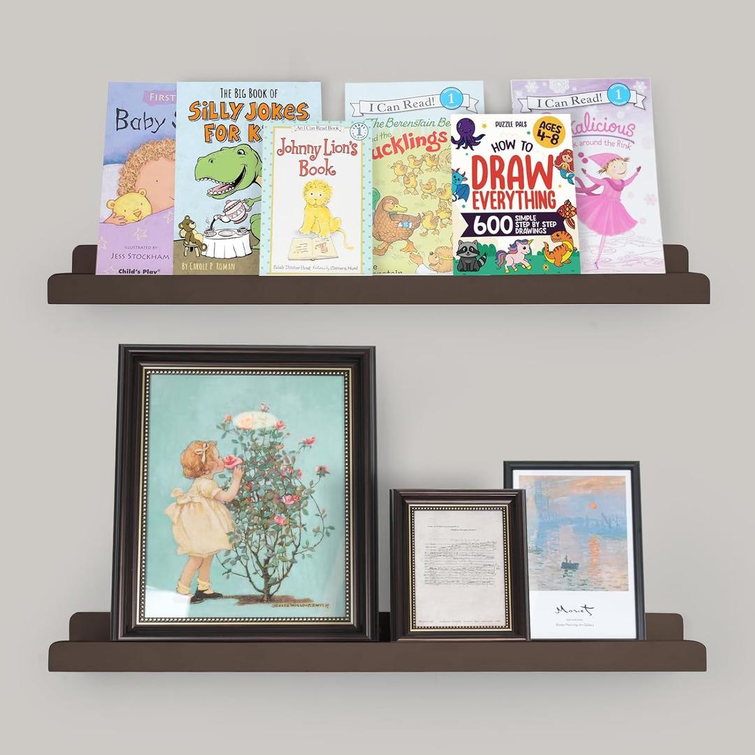 Picture Ledge Shelf with Lip, Brown Floating Shelves for Wall Set of 2, 24 inch Wall Floating Shelves for Bedroom Living Room Bathroom Kitchen