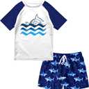 Boys Two Piece Rash Guard Swimsuits Sets Bathing Suits with Trunks 4-12 Years (7-8 Years, A2 Navy Blue)