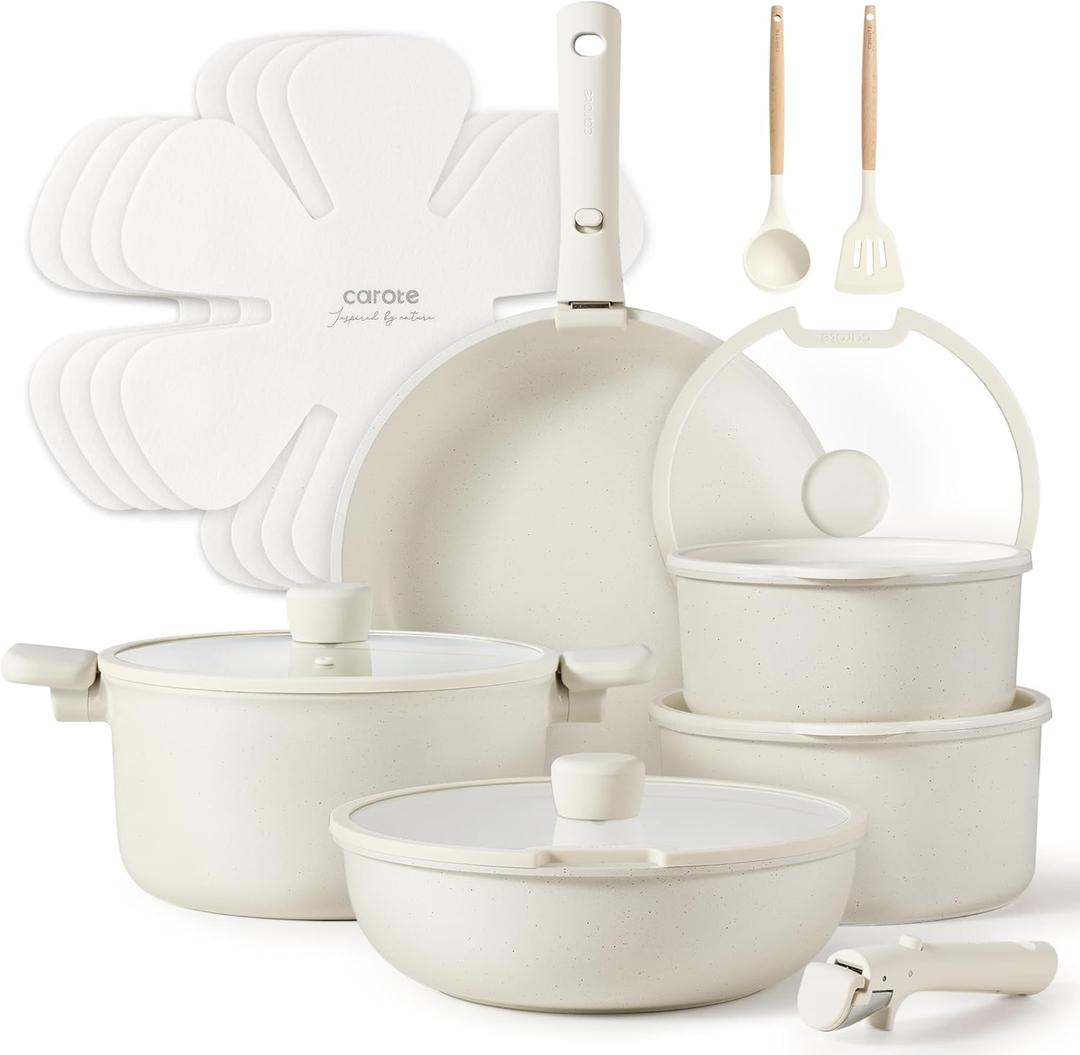 CAROTE Pots and Pans Set Non Stick, Cookware Sets, 18pcs Kitchen Set, Oven/Fridge Safe, Space Saving Pots Set, Nonstick Set with Versatile Removable/Detachable Handle, Induction RV Set, Cream White