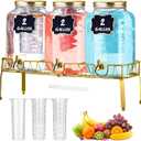 Lallisa 3 Pcs 2 Gallon Glass Drink Dispenser with Stand and Lid Mason Jar Beverage Dispenser with Stainless Steel Spigot, Hanging Chalkboard Signs, Fruit Infuse, Ice Cylinder, Liquid Pen (Gold)