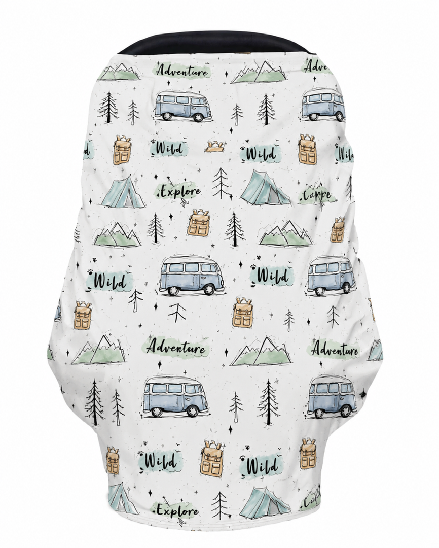 Watercolor Lake Camping Fishing Baby Car Seats Covers Vintage Camp Trees Boats Fishes Multi-Use Cover Carseats Canopy Wild Outdoor Adventure Infant Carseats Cover for Baby Boys Girls Shower Gifts