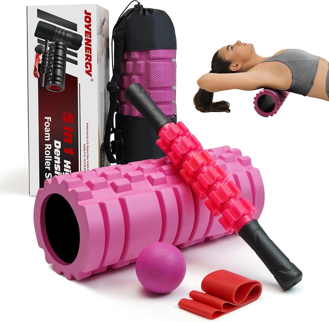 JOYENERGY 5 in 1 Foam Roller Set, Trigger Point Foam Roller Patented, Massage Stick, Massage Ball, Resistance Band for Deep Muscle Massage Pilates Yoga, Fitness Exercise for Whole Body