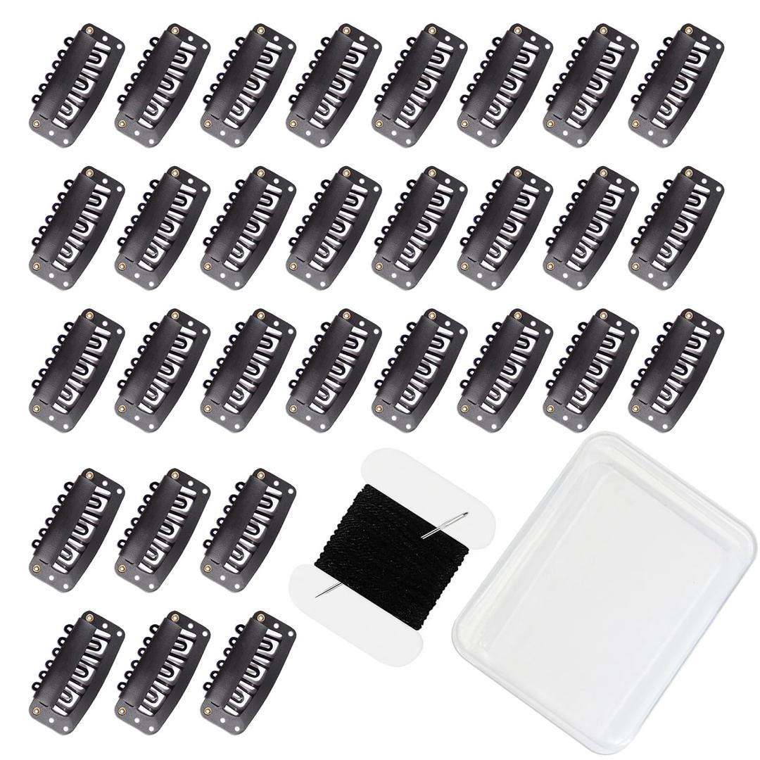 30 Pcs 32mm 6-Teeth U-Shape Wig Clips for Clip-in Hair Extensions, with DIY Needle and Thread Kit  Snap Hair Clips for Hair Extensions Clip-ins (Black)
