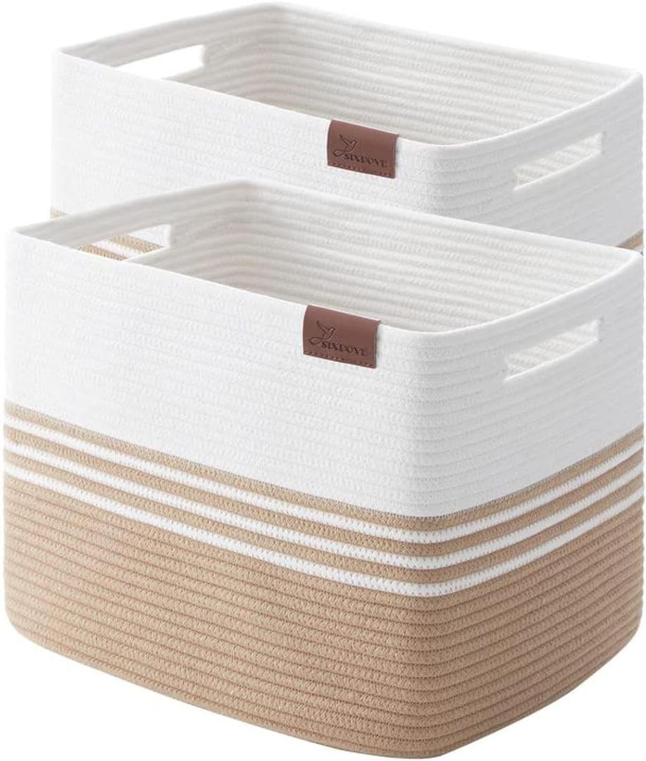 Storage Baskets, 42L*2 Pack Storage Baskets for Organizing, Laundry Basket for Closet,Cotton Rope Blanket Basket for Storage, Toy Storage Basket for Living Room, Laundry Room, Bedroom-Jute (Brown & White)