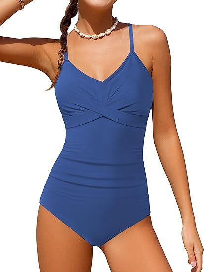 Girls Bathing Suits Size 8-10 One Piece Control Front Cross Ruched Tie Back Blue Solid Color Adjustable Straps Bathing Suit Swimwear with Drawstring Cover Up
