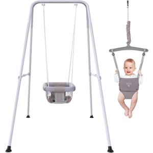 2 in 1 Baby Jumper with Swing, Baby Swing Indoor and Outdoor Use, Baby Jumpers and Bouncers, Toddler Swing with Foldable Stand (Gray)
