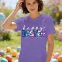 LuxLass Easter Shirts for Women Happy Easter Day T-Shirt Leopard Plaid Letter Print Tee Tops Purple XL