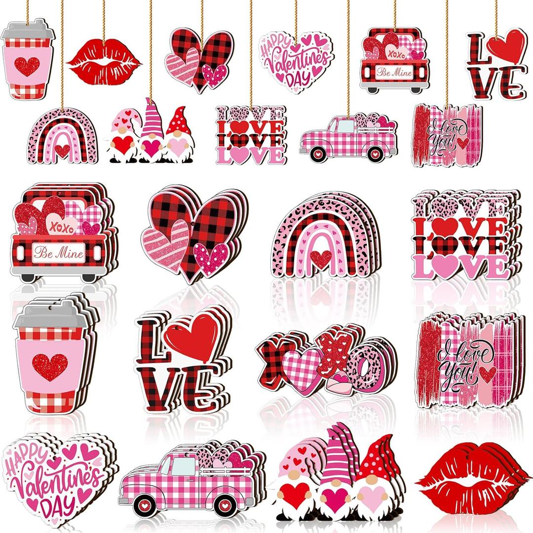 Jetec 36 Pcs Valentines Day Wooden Hanging Ornaments Valentines Tree Decorations Pink Red Heart Gnome Wood Cutouts with Ropes XOXO Love Signs Pendants Valentines Day Decor for Home Party Decoration