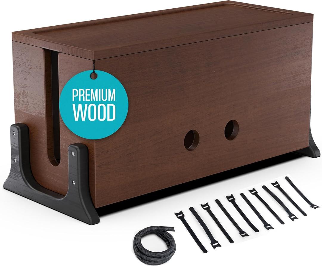 Extra Large Cable Management Box, Wood Cord Hider Box & Organizer for Power Strip, TV Wires & Desk Cable Storage (Walnut Varnished)