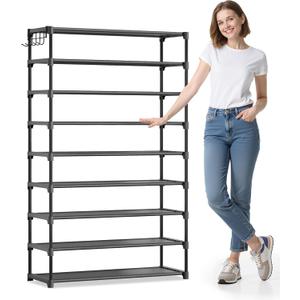 Kitsure Shoe Rack for Closet - 9-Tier Shoe Organizer with Hook Rack, Large-Capacity & Space-Saving Shoe Shelf for Entryway, Bedroom, Living Room,32.2" x 11.8" x 55.1", Black
