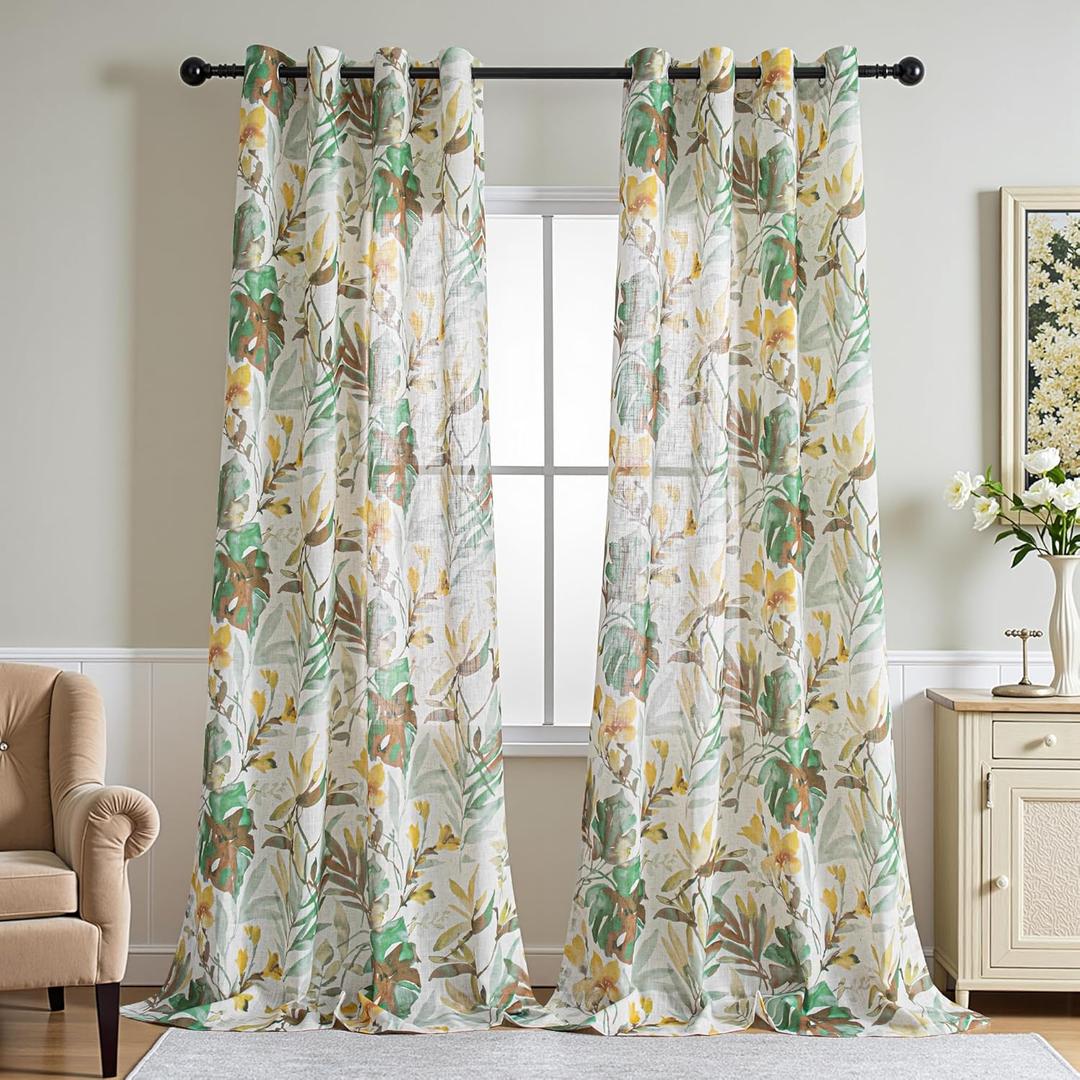 MYSKY HOME Linen Curtains 95 Inch Length Light Filtering Curtains for Living Room Floral Printed Privacy Protect Drapes Set Natural Window Treatment 2 Panels,Yellow and Natural