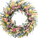 24 Inch Spring Summer Colorful Flower Wreath for Front Door, Forsythia Lavender Wild Flowers Wreath for Home Decor, Colorful Wild Flowers with Green Leaves for Everyday (Yellow)