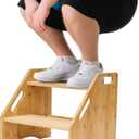 Wooden Step Stool, Two Step Stools Adjustable Height with Handle and Safety Non-Slip Pad, Bamboo Step Stool Bamboo Toddler Stool, Potty Training, Kitchen Wooden Stepping Stool (12.99inch, Natural)