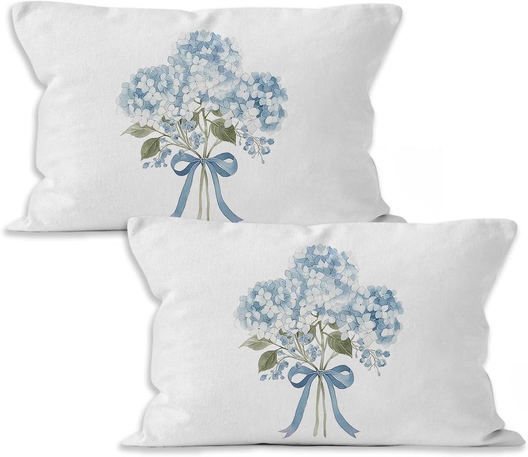 Blue Hydrangea Floral Throw Pillow Covers 16x24, Coquette Blue Bow Hydrangea Bouquet Decorative Pillow Covers for Girly Bedroom Room Dorm Apartment, Floral Accent Pillows Cover Pillowcases