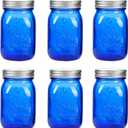 Amzcku 16 oz Blue Mason Jars with LidsRegular Mouth Canning Jar, 6 Pack Multifunction Glass Container, for Storage, Canning, Pickling, Preserving, Fermenting, DIY Crafts & Decor