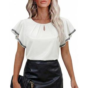 siliteelon Blouses for Women Business Casual Tops for Women Ruffle Short Sleeve Flowy Satin Silk Work Trendy Elegant Summer (White, XL)