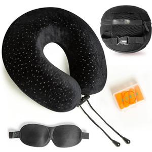 Aeris Memory Foam Travel Pillow for Airplanes - Best Airplane Neck Pillow for Long Flights - Plane Accessories Carry Bag to Save Space, Ear Plugs and Eye Mask - Perfect Flight Set & Gift (Black)