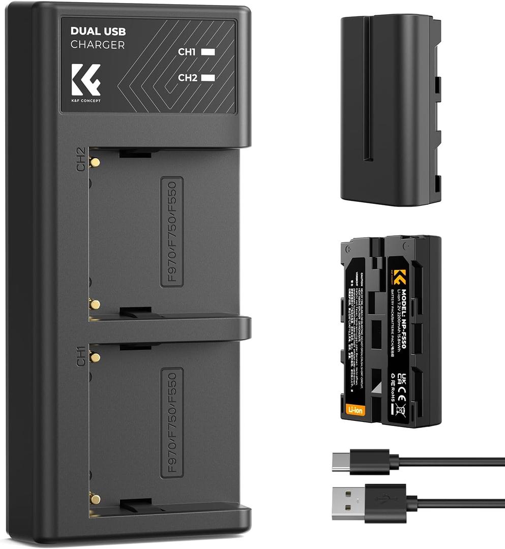 K&F Concept NP-F550 Battery 2-Pack and Dual LCD Battery Charger Compatible with Sony NP-F570, F550, F750, F770, F930, F950, F960, F970 Batteries, LED Lights, Monitors, and Camera Sliders