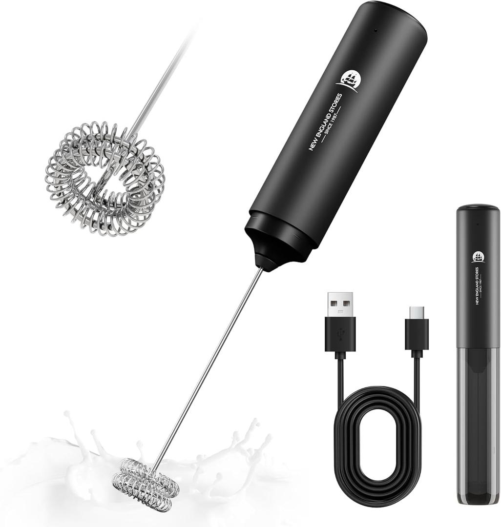 Rechargeable Milk Frother Handheld, 2-IN-1 Dual Spring Whisk Electric Frother Wand for Cappuccino Latte Macchiato, Portable Drink Mixer for Coffee, Matcha, Hot Chocolate (Black)
