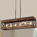 Rustic Farmhouse Wood Kitchen Island Lighting, 6 Lights Rectangular Pendant Light Fixture, Adjustable Chain Oak Wood and Metal Linear Chandelier for Dining Room Kitchen Island Farmhouse, Black, Large 6 Lights