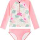 Angel season Girls Rash Guard Swimsuit Set Toddler Kids Swimwear Long Sleeve Bathing Suits Little Girl Summer UPF 50+ (5T, Pink Hawaiian Floral)