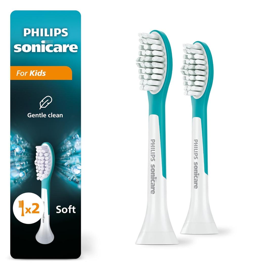 Philips Sonicare for Kids 7+ Genuine Replacement Toothbrush Heads, 2 Brush Heads, Turquoise and White, Standard, HX6042/94 (2 Count (Pack of 1))