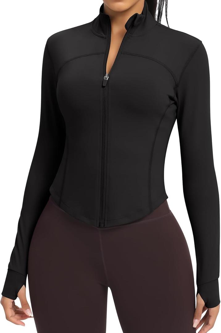 Women BBL Jacket Full Zip UP Workout Athletic Cropped Jacket wIth Thumb Holes Running Yoga Sportswear (Medium, Black)