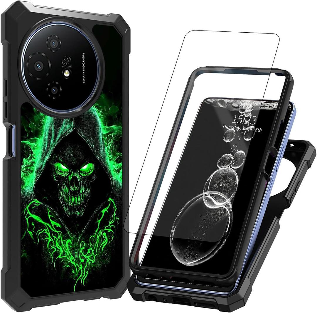for TCL 50 XL 5G Phone Case,for TCL 50 XL Nxtpaper 5G Phone Case with Screen Protector [Tempered Glass],Dual Layer Protection Heavy Duty Shockproof,Reinforced Corners,Green Glitter Skull