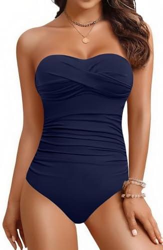 Yonique Womens Strapless One Piece Swimsuit Tummy Control Bandeau Bathing Suits Slimming Twist Front Swimwear, Navy Blue, S