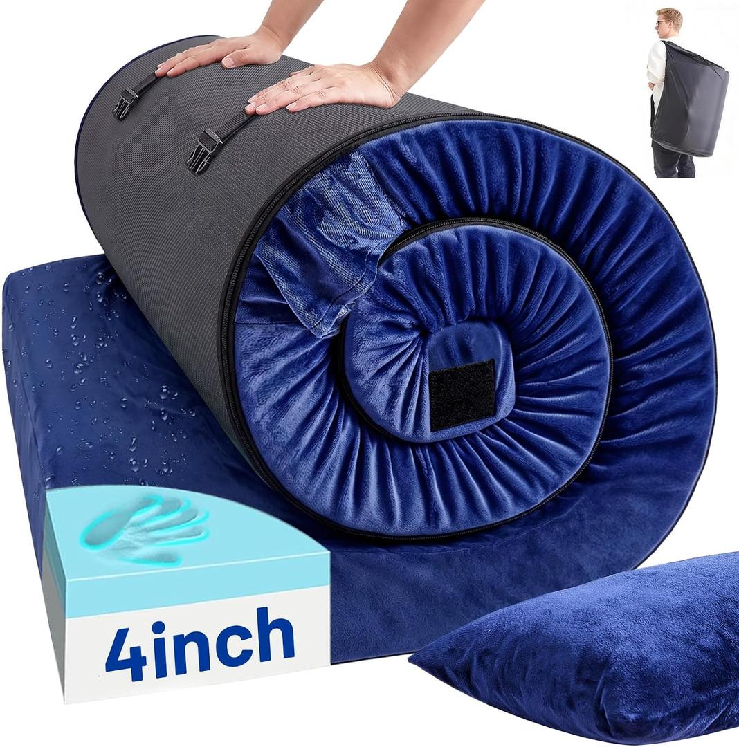 Memory Foam Camping Mattress Pad with Pillow - Extra Thick 4 Inch Sleeping Pad for Camping, Waterproof Roll Up Cot Mattress Topper Bed Mat for Car Truck Tent RV, with Storage Bag Small Single/Cot: 72*24*4"