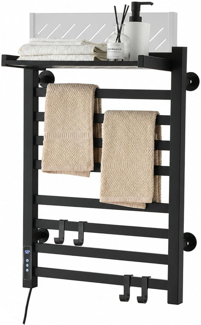 Heated Towel Racks for Bathroom, 8-Bar Wall Mounted Towel Warmer with Shelf