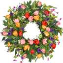 Qingbei Rina Spring Wreaths for Front Door, 22 Inch Door Wreath for Decorating with Colorful Tulip, Lavender and Eucalyptus, Indoor Outdoor Floral Wreath Party Farmhouse Wedding Home Decor