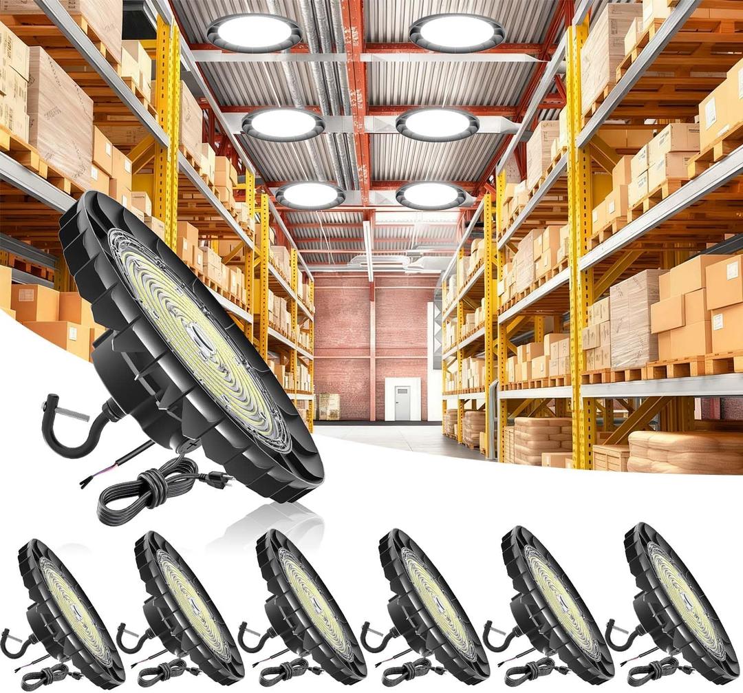 UFO LED High Bay Light 200W, 6 Pack, 32,000LM, IK10, Dimmable, Flicker-Free, Dia. 11.02"-200W