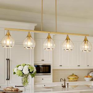 Island Light for Kitchen, 5-Light Black Kitchen Island Linear Hanging Pendant Chandeliers, Gold Dining Room Light Fixture Over Table with Clear Round Glass Shades