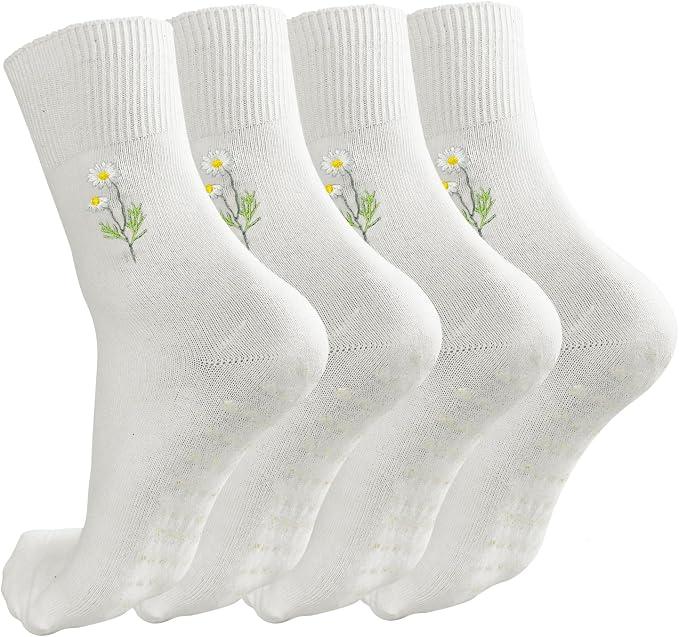 Cute Embroidered Yoga Socks for Women – Non-Slip Grip Socks with Floral Design, One Size Fits Most, 4 Pairs