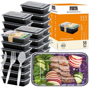PIRTA 50 Pack(250-Piece) 28 oz Meal Prep Containers Reusable with Lids & Clear Plastic Silverware Set, Food Safe, Leakproof, Microwave, Freezer, Dishwasher, To-Go Take Out, Food Storage Bento Box