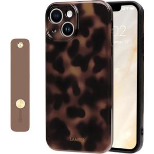 NITITOP Compatible for iPhone 14 Plus / 15 Plus Case with Wrist Strap Cute Stylish Leopard Print Amber Tortoise Design for Women Girls Men Soft TPU Shockproof Protective Cover - Brown2