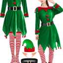 6 Pack Elf Costume for Women Christmas Outfit Velvet Dress Santa's Helper Costume Belt Socks Elf Hat Shoes Cosplay (Medium, Red Collar)
