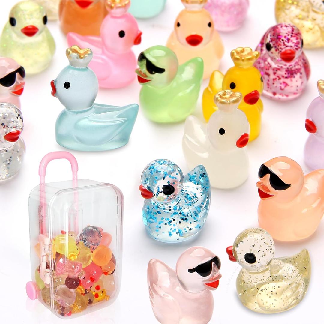 25pcs Mini Resin Ducks with Mini Suitcase, 12pcs Glitter &13pcs Luminous Tiny Duck Resin Animals for Fairy Garden Accessories, Dollhouse, Miniature Landscape, Succulents Decor, DIY Craft