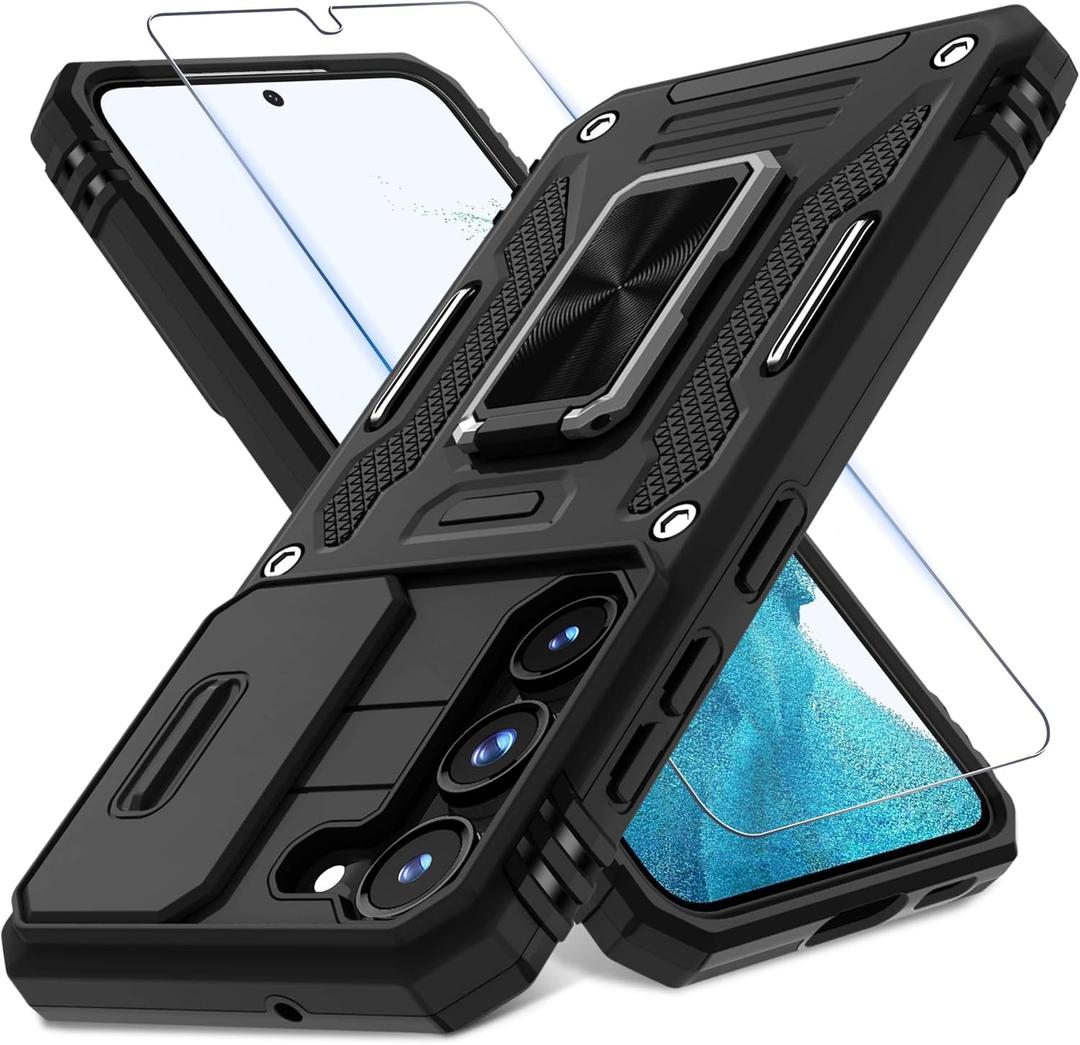 DEERLAMN Case for Samsung Galaxy S23+ Plus with Slide Camera Cover+ Screen Protector(1 Pack),Rotated Ring Kickstand Military Grade Shockproof Protective Cover-Black