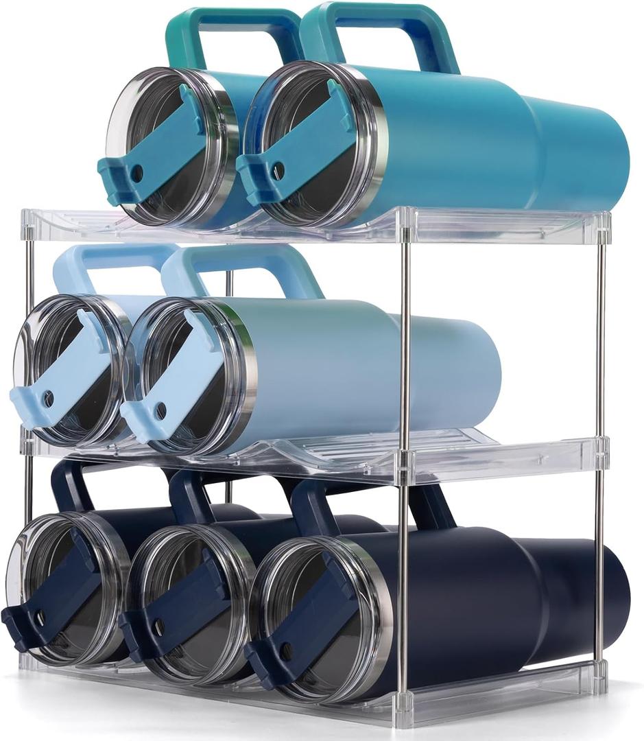 Stackable Water Bottle Organizer for Stanley 40 oz Tumbler, Water Bottle Holder for Others' Large Cup, Tumbler Organizer for Cabinet, Water Bottle Storage Rack, Wine Rack, Hold 9, 3 Tiers